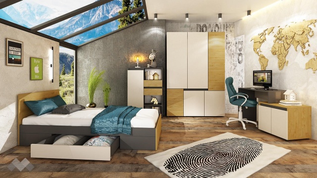 Детски спален комплект Тоби с включен матрак Бонел 90/200 графит със златен дъб и кашмир