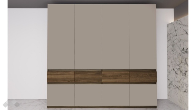 Гардероб Поситано четирикрилни дъб дилън тъмен с капучино мат и пасифик - МебелМаг Гардероб Поситано четирикрилни дъб дилън тъмен с капучино мат и пасифик