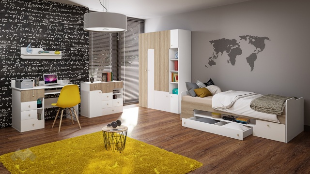 Детски спален комплект Роуз с включен матрак Бонел 90/200 бяло гладко, златно розово и сонома - МебелМаг Детски спален комплект Роуз с включен матрак Бонел 90/200 бяло гладко, златно розово и сонома