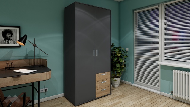 Гардероб Жизел двукрилни антрацит с дъб сонома - МебелМаг Гардероб Жизел двукрилни антрацит с дъб сонома