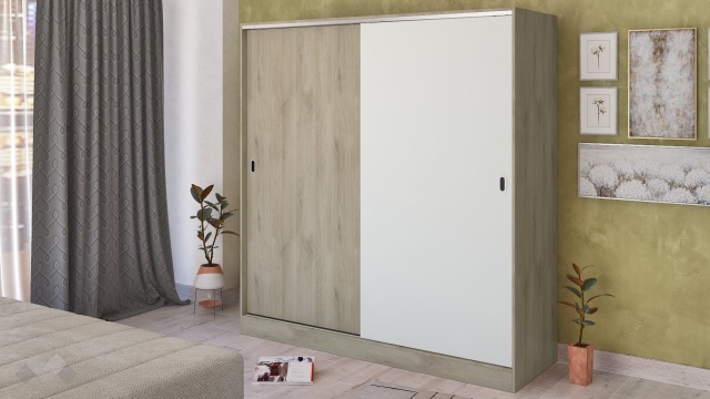 Гардероб Глендейл с плъзгащи врати сонома арвен с бял гланц - МебелМаг Гардероб Глендейл с плъзгащи врати сонома арвен с бял гланц