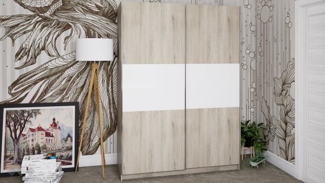 Гардероб Хартфорт с плъзгащи врати сонома арвен с бял гланц - МебелМаг Гардероб Хартфорт с плъзгащи врати сонома арвен с бял гланц