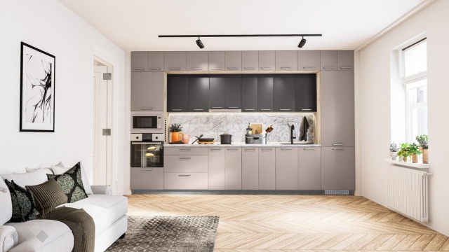 Кухня Бали прави капучино мат с карбон мат и сонома арвен - МебелМаг Кухня Бали прави капучино мат с карбон мат и сонома арвен