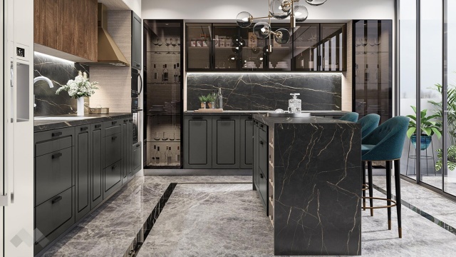 Кухня Дарма с остров цимент мат с крийм гланц и дъб натурал с мока