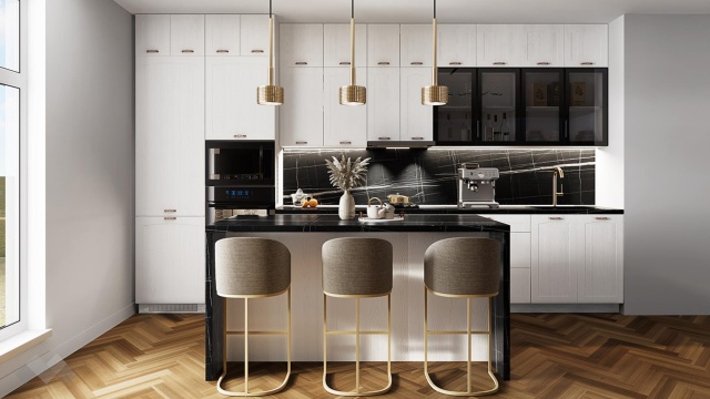 Кухня Кали с остров бял фладер с бяло гладко