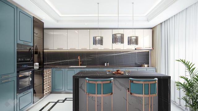 Кухня Ларо с остров деним мат с крийм гланц и мока