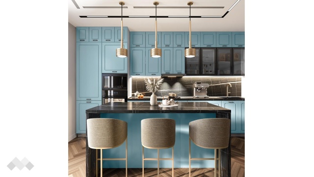 Кухня Овара с остров деним мат с бяло гладко