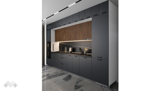 Кухня Занора прави карбон мат с дъб натурал и бяло гладко - МебелМаг Кухня Занора прави карбон мат с дъб натурал и бяло гладко