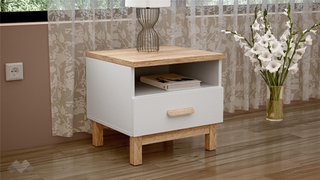 Нощен шкаф Линда бяло гладко с дъб кадис