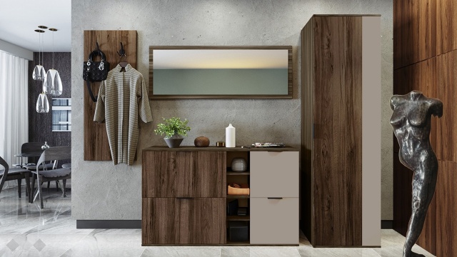 Портманто Поситано дъб дилън тъмен с капучино мат и пасифик - МебелМаг Портманто Поситано дъб дилън тъмен с капучино мат и пасифик