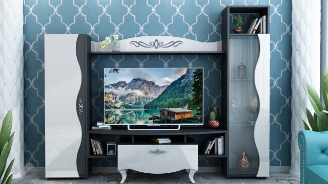 Секция Лукс с витрина черно и бяло гланц