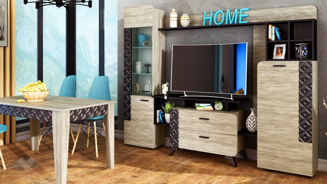 Секция Ница с витрина дъб навара с черно