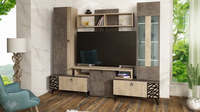 Секция Нола с витрина тъмен бетон с дъб суров