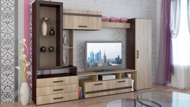 Секция Омаха с витрина тъмна сонома с венге - МебелМаг Секция Омаха с витрина тъмна сонома с венге