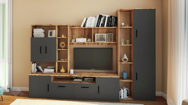 Секция Оскар с открити рафтове дъб дакота с графит - МебелМаг Секция Оскар с открити рафтове дъб дакота с графит