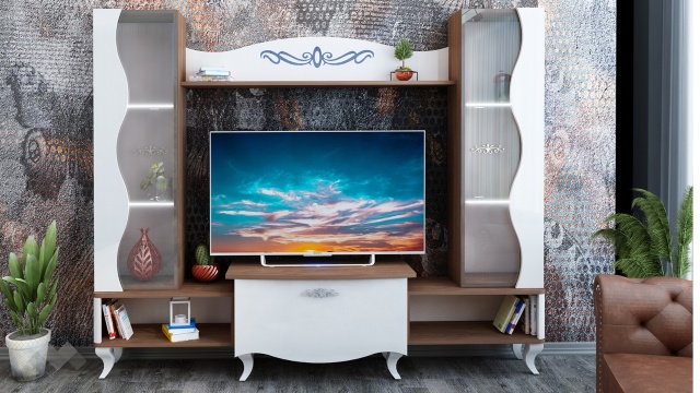 Секция Шик с LED осветление тиково дърво с бяло гланц