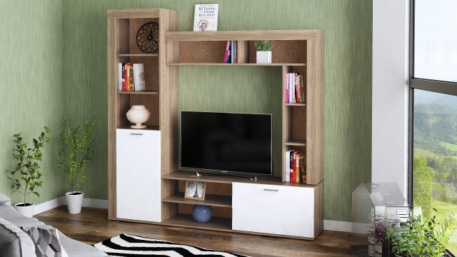 Секция Шоу с открити рафтове дъб сонома с бяло - МебелМаг Секция Шоу с открити рафтове дъб сонома с бяло