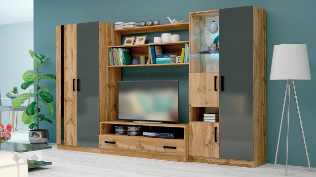 Секция Скарлет с гардероб дъб вотан светъл с антрацит гланц