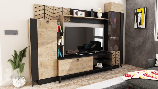 Секция Тренд с витрина черно шагре с дъб суров