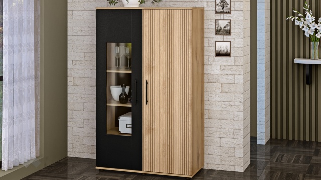 Шкаф с витрина Ламела дъб канела с дъб ламела и черно шагре - МебелМаг Шкаф с витрина Ламела дъб канела с дъб ламела и черно шагре