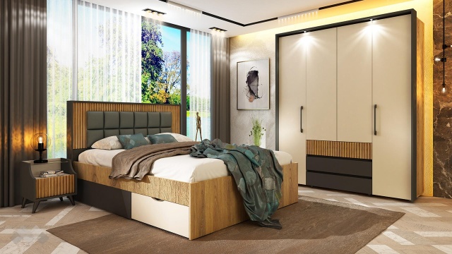 Спален комплект Кинг графит с дъб евок и кашмир