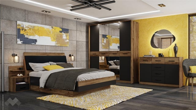 Спален комплект Легрия с включен матрак Бонел 160/200 кафяв дъб пиемона с черно шагре - МебелМаг Спален комплект Легрия с включен матрак Бонел 160/200 кафяв дъб пиемона с черно шагре