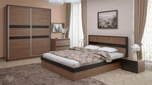 Спален комплект Ребека с включен матрак Бонел 160/200 тъмен кедър с черно шагре - МебелМаг Спален комплект Ребека с включен матрак Бонел 160/200 тъмен кедър с черно шагре