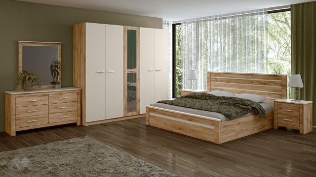 Спален комплект Силва дъб кадис с бяло гладко - МебелМаг Спален комплект Силва дъб кадис с бяло гладко