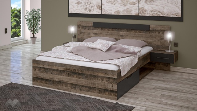 Спалня с нощни шкафчета 160/200 Каляри колониален дъб с черно