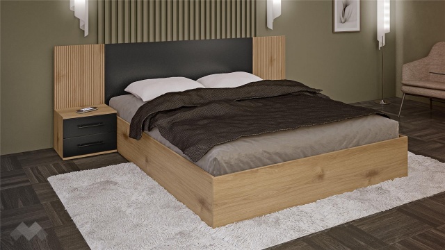 Спалня с нощни шкафчета 160/200 Ламела с включен матрак Бонел 160/200 дъб канела с дъб ламела и черно шагре - МебелМаг Спалня с нощни шкафчета 160/200 Ламела с включен матрак Бонел 160/200 дъб канела с дъб ламела и черно шагре