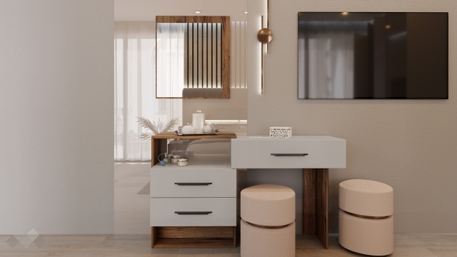 Тоалетка Норел кафяв дъб пиемона със сатен и графит - МебелМаг Тоалетка Норел кафяв дъб пиемона със сатен и графит