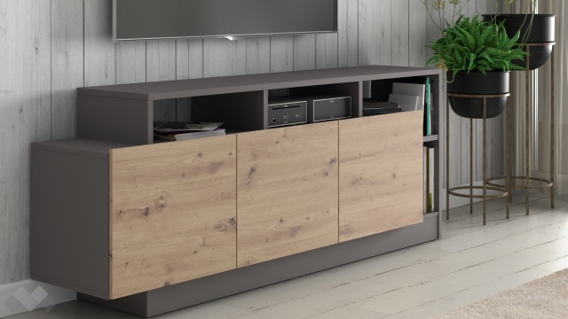 ТВ шкаф Ариса с открити рафтове дъб артисан със сиво