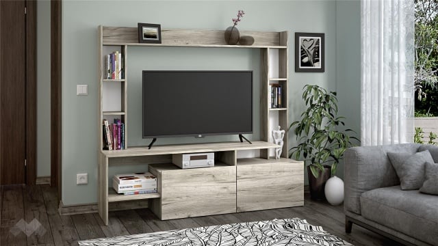 ТВ шкаф Боди с открити рафтове дъб крафт сив