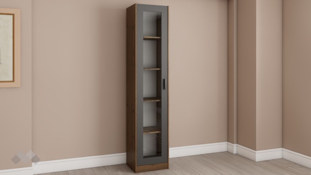 Висок шкаф с витрина Хироу с витрина дъб вотан с черно шагре