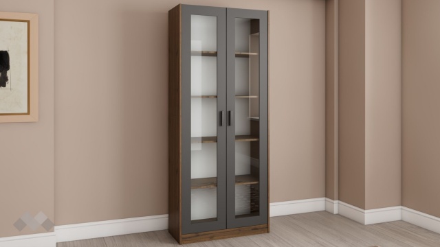 Висок шкаф с витрина Хироу с витрина дъб вотан с черно шагре