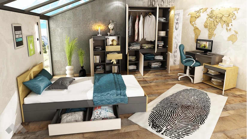 Детски спален комплект Тоби с включен матрак Бонел 90/200 графит със златен дъб и кашмир - изглед 2