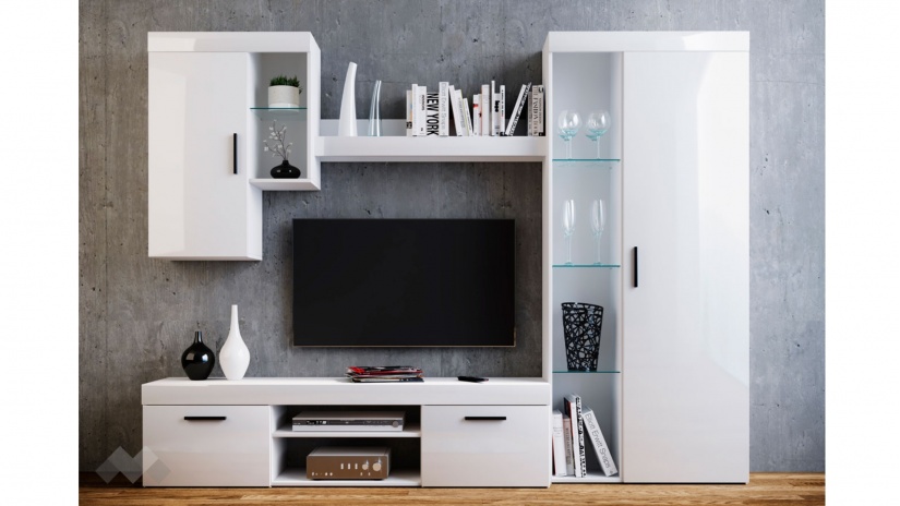 Секция Белмин модулни бяло гладко с бяло гланц - изглед 1 - МебелМаг Секция Белмин модулни бяло гладко с бяло гланц - изглед 1