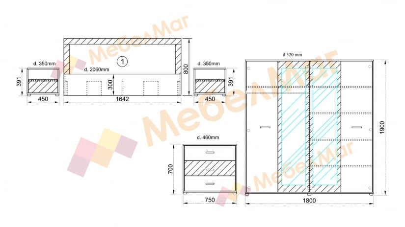 Спален комплект Летисия XL с включен матрак Бонел 160/200 дъб крафт бял с базалт - изглед 3