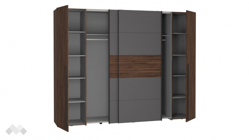 Гардероб Арагона четирикрилни орех бейкърсфилд с волфрамово сиво - изглед 3 - МебелМаг Гардероб Арагона четирикрилни орех бейкърсфилд с волфрамово сиво - изглед 3