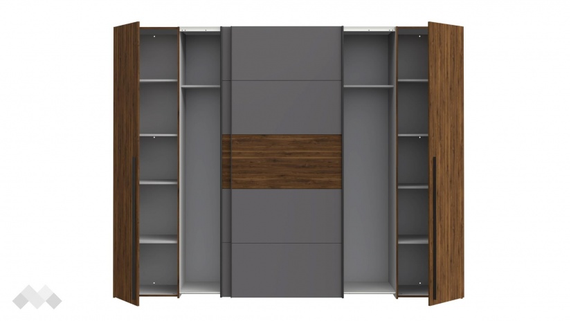 Гардероб Арагона четирикрилни орех бейкърсфилд с волфрамово сиво - изглед 5 - МебелМаг Гардероб Арагона четирикрилни орех бейкърсфилд с волфрамово сиво - изглед 5