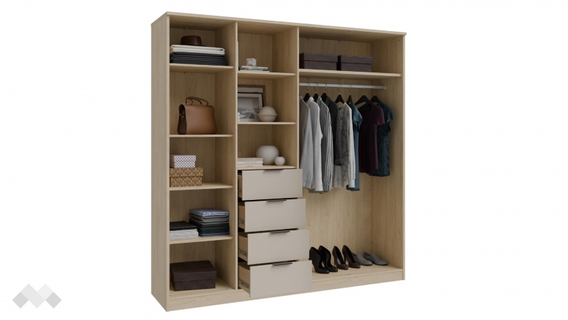 Гардероб Фортелия четирикрилни пясък с дъб пучини - изглед 10 - МебелМаг Гардероб Фортелия четирикрилни пясък с дъб пучини - изглед 10