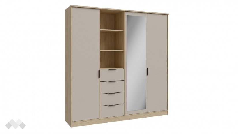 Гардероб Фортелия четирикрилни пясък с дъб пучини - изглед 5 - МебелМаг Гардероб Фортелия четирикрилни пясък с дъб пучини - изглед 5