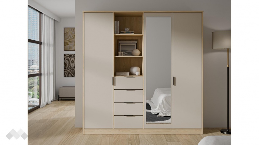 Гардероб Фортелия четирикрилни пясък с дъб пучини - изглед 2 - МебелМаг Гардероб Фортелия четирикрилни пясък с дъб пучини - изглед 2