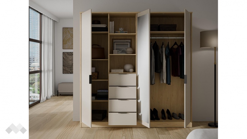 Гардероб Фортелия четирикрилни пясък с дъб пучини - изглед 4 - МебелМаг Гардероб Фортелия четирикрилни пясък с дъб пучини - изглед 4