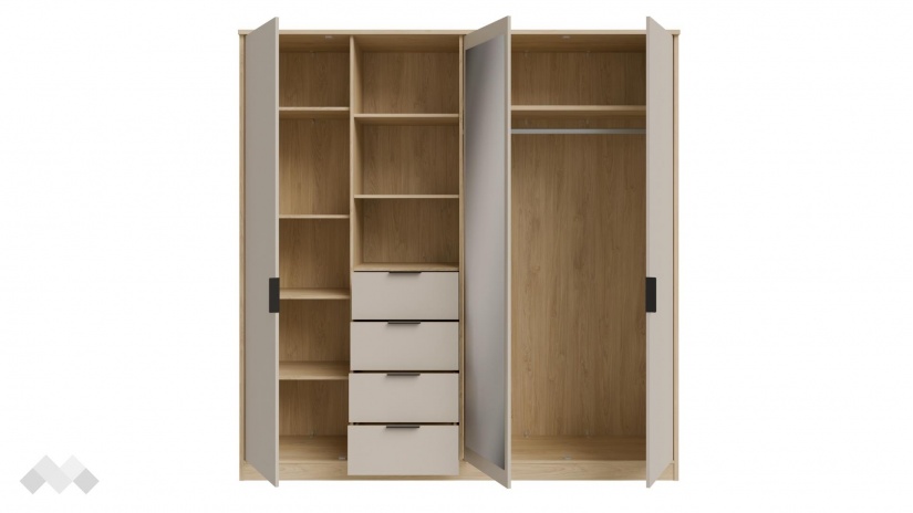 Гардероб Фортелия четирикрилни пясък с дъб пучини - изглед 8 - МебелМаг Гардероб Фортелия четирикрилни пясък с дъб пучини - изглед 8