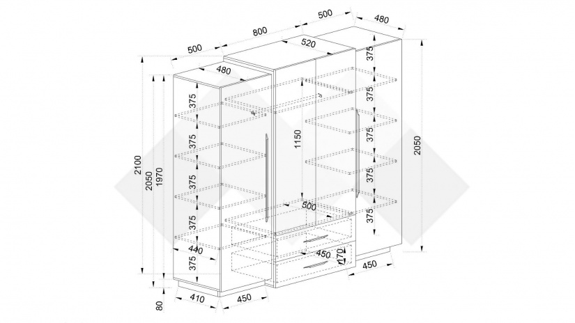 Гардероб Каляри четирикрилни колониален дъб с черно - изглед 3