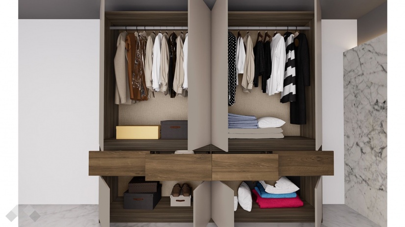 Гардероб Поситано четирикрилни дъб дилън тъмен с капучино мат и пасифик - изглед 2 - МебелМаг Гардероб Поситано четирикрилни дъб дилън тъмен с капучино мат и пасифик - изглед 2