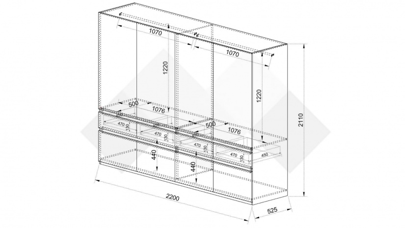 Гардероб Поситано четирикрилни дъб дилън тъмен с капучино мат и пасифик - изглед 5 - МебелМаг Гардероб Поситано четирикрилни дъб дилън тъмен с капучино мат и пасифик - изглед 5
