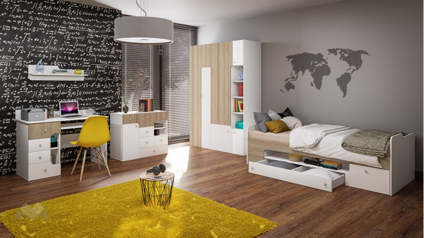 Детски спален комплект Роуз с включен матрак Бонел 90/200 бяло гладко, златно розово и сонома - изглед 1