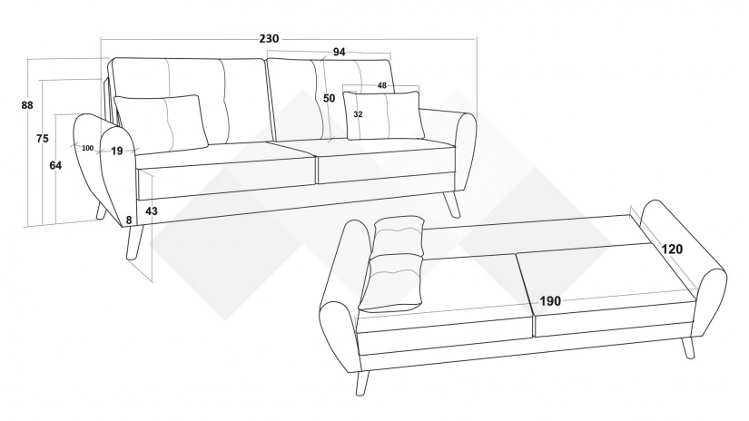 Диван Мерива триместни сив - изглед 4